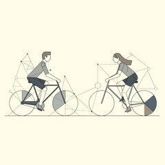 Minimalist illustration of a man and woman riding bicycles, depicted with geometric shapes and clean lines on a light background.