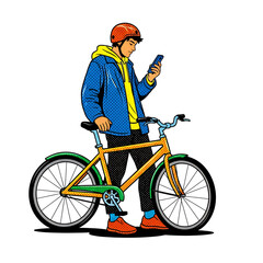 Fototapeta premium A young man wearing a helmet and jacket stands next to his bicycle while looking at his mobile phone screen.