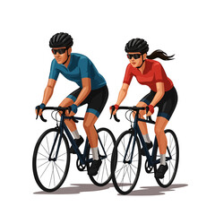 Obraz premium Two cyclists, a man and a woman, ride road bikes wearing helmets and sunglasses in a dynamic, stylized illustration.