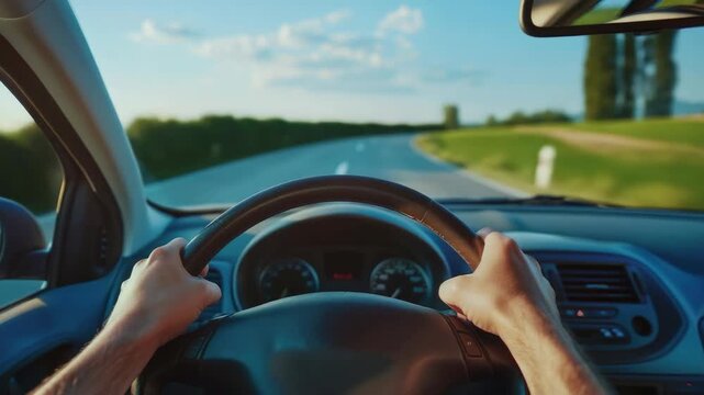 Driver on a road with steering wheel.