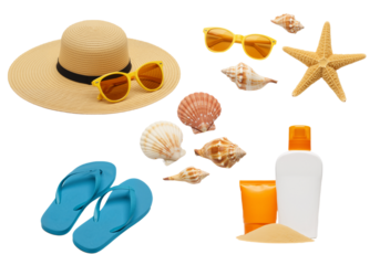 Seaside Vacation Essentials: Beach-ready scene with a straw hat, sunglasses, seashells, starfish, sunscreen and flip-flops. A serene invitation to sun-kissed days.
