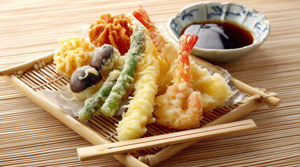A close up of tempura on a bamboo tray with soy sauce in a bowl on a wooden surface background
