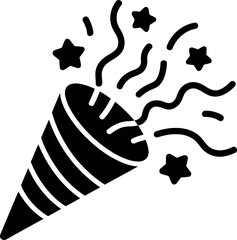 Black silhouette of a party popper exploding with confetti and stars celebration explosion