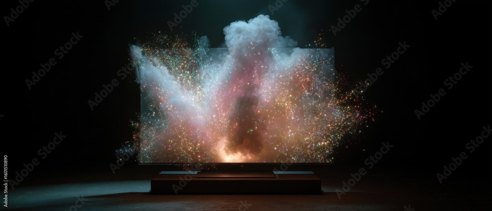 Poster digital explosion of colorful fireworks on display screen for futuristic concepts