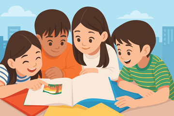 Group of Happy Children Reading Book Together Vector Illustration of Kids Enjoying Story Time, Team Learning, and Early Education in Classroom or Library with Fun and Friendship in Flat Cartoon Styl