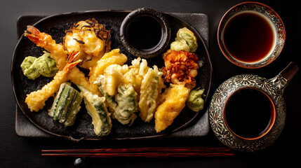 A top down view of a plate of tempura with dipping sauces and chopsticks on a dark surface