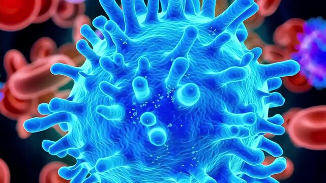 Glowing blue microscopic bacteria and virus cells with a seamless light and energy pattern