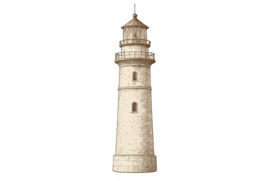 Vintage lighthouse beacon illuminating maritime landscape, offering nautical navigation guidance against transparent backdrop
