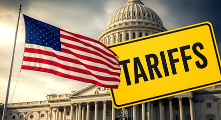 American flag tariffs sign and capitol building representing trade and economic policy issues today