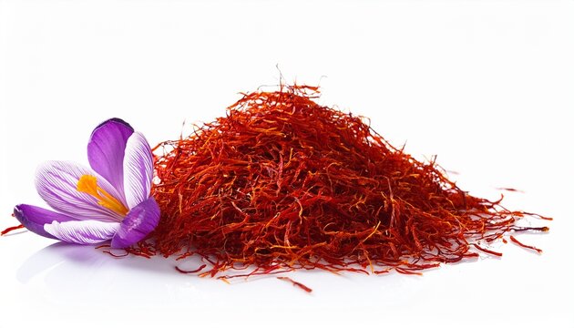 pile ovf dried saffron and crocus flower isolated on white background