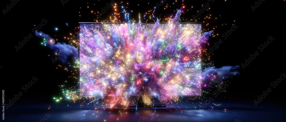 Poster vibrant digital explosion of fireworks on display screen for dynamic designs