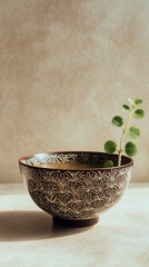 A patterned bowl with a small plant growing out of it on a light colored surface and background