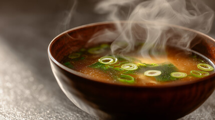 A close up of a bowl of steaming soup with green onions in a brown wooden bowl on a dark surface