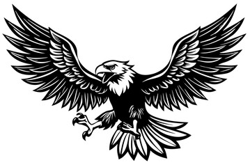 Fototapeta premium Vector silhouette of a flying eagle with detailed feathers and outstretched wings, perfect for a tattoo design