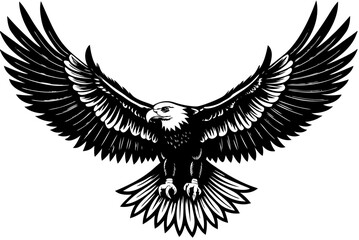 Obraz premium Black vector silhouette of a majestic eagle with powerful wings in flight, a symbol of freedom