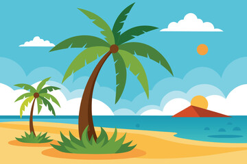 Obraz premium Beautiful vector illustration of a tropical beach scene with sand, sea water, vibrant palm trees, and clear skies. A perfect summer vacation destination with a calm and peaceful coastal atmospher.