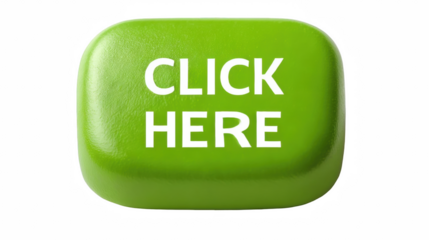 Vivid green click here button with embossed white text, beckoning interaction, isolated on transparent background