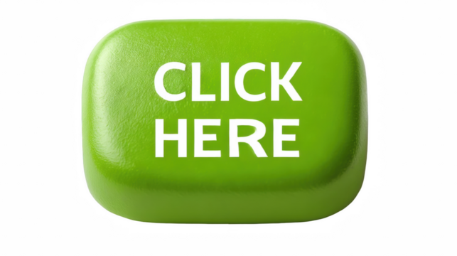 Vivid green click here button with embossed white text, beckoning interaction, isolated on transparent background