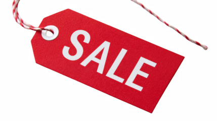 Vibrant red sale tag with bold white lettering, promoting discounts and bargains on transparent background