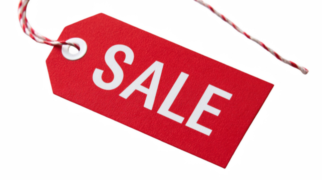 Vibrant red sale tag with bold white lettering, promoting discounts and bargains on transparent background