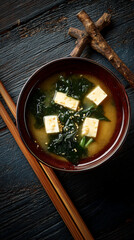 A bowl of miso soup with tofu and seaweed on a wooden surface with chopsticks and a twig nearby