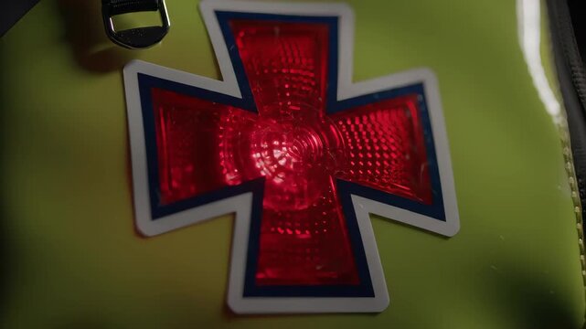 Illuminated Red Cross Symbol on Yellow Surface for Emergency and Medical Assistance