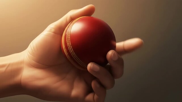 Hand holding a red cricket ball animated