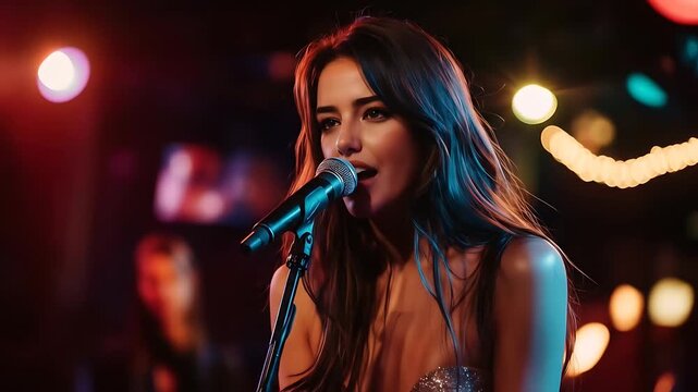 Young beautiful singer singing in a bar.
