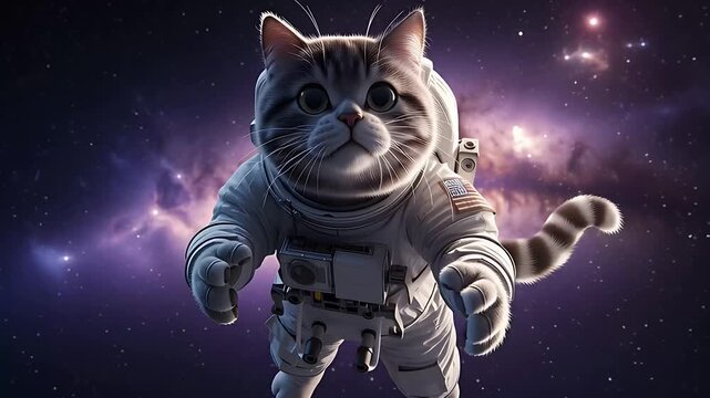 A Whimsical Grey Tabby Cat in an Astronaut Suit Drifting Through the Colorful Depths of Outer Space.