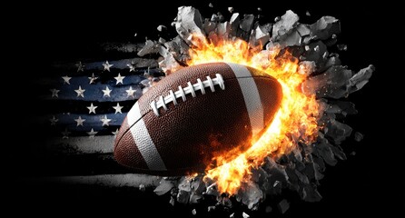 A fiery American football bursts from a shattered concrete wall, an explosion of flames and debris against a faded Stars and Stripes backdrop