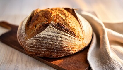 freshly baked artisan bread loaf on wooden cutting board with linen cloth in soft natural light