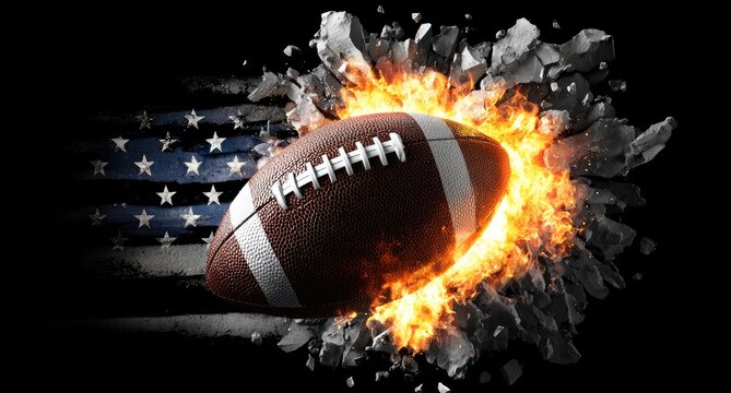 A fiery American football bursts from a shattered concrete wall, an explosion of flames and debris against a faded Stars and Stripes backdrop