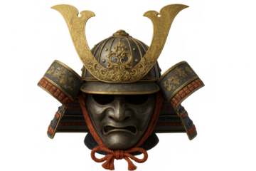 Close-up of an ancient samurai helmet, showcasing intricate details and craftsmanship on a transparent background