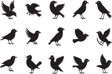 Fototapeta premium Collection of black bird silhouettes depicting various poses and flying activities on white background