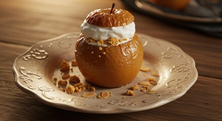 Deliciously Baked Apple Dessert with Cream and Crumble on Elegant Plate