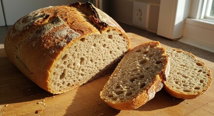 Freshly Baked Artisan Bread on a Wooden Cutting Board with Slices and Natural Light Highlighting Texture