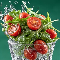 Fresh Arugula and Cherry Tomatoes Splash Water Healthy Food Ingredients