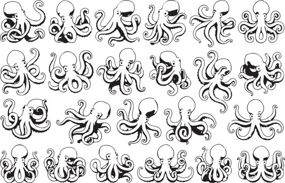 Collection of twenty six black and white illustrated octopus drawings for design elements
