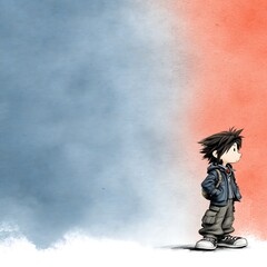 A lone boy stands thoughtfully in a vast abstract landscape