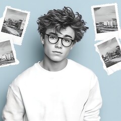 Young Man With Glasses Surrounded by Old Photographs Capturing Cherished Memories