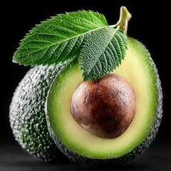 Deliciously Ripe Fresh Avocado Fruit With Green Leaves Water Droplets