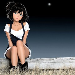 Young Woman in Denim Overalls Sits Outdoors Under a Starry Night Sky