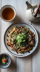 Overhead shot of okonomiyaki with tea and pickles on a white wooden table top background view food