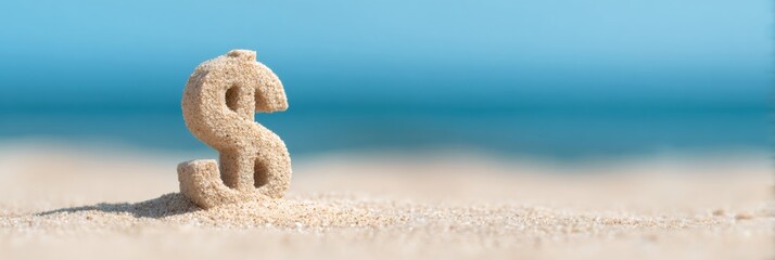 Sand dollar symbol on beach with blue ocean. Concept of summer vacation savings, financial freedom, or travel budget.