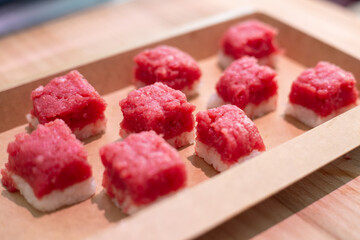 Organic meat sushi. Meat sushi recipe. Step by step preparation. Mixed tray of your choice.