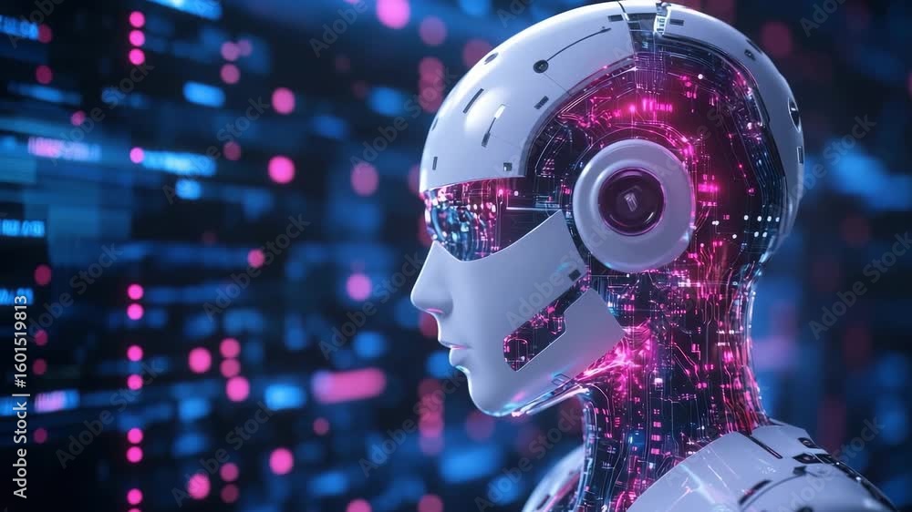 Poster futuristic artificial intelligence robot with advanced technology and glowing details