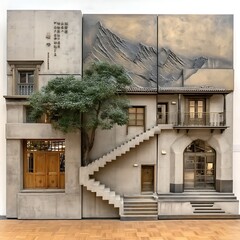 Sculptural Architectural Diorama with Mountain and Tree Elements