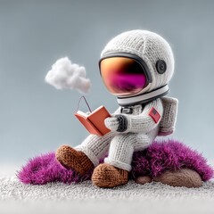 Adorable knitted astronaut peacefully reading a book on a colorful planet