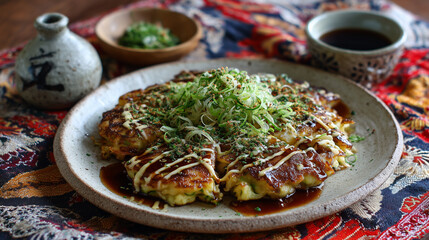 A delicious okonomiyaki on a plate with sauce and green onions served with sake and a side dish