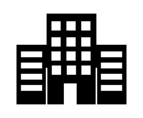 A simple black silhouette of a modern office building with multiple floors and windows.